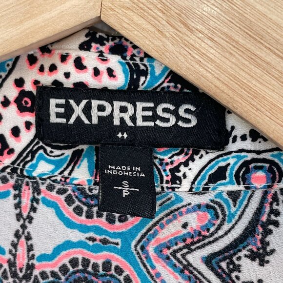 Express Womens Small Button Up Blouse Paisley Roll Tab Sleeve Shirt Top - Picture 3 of 8